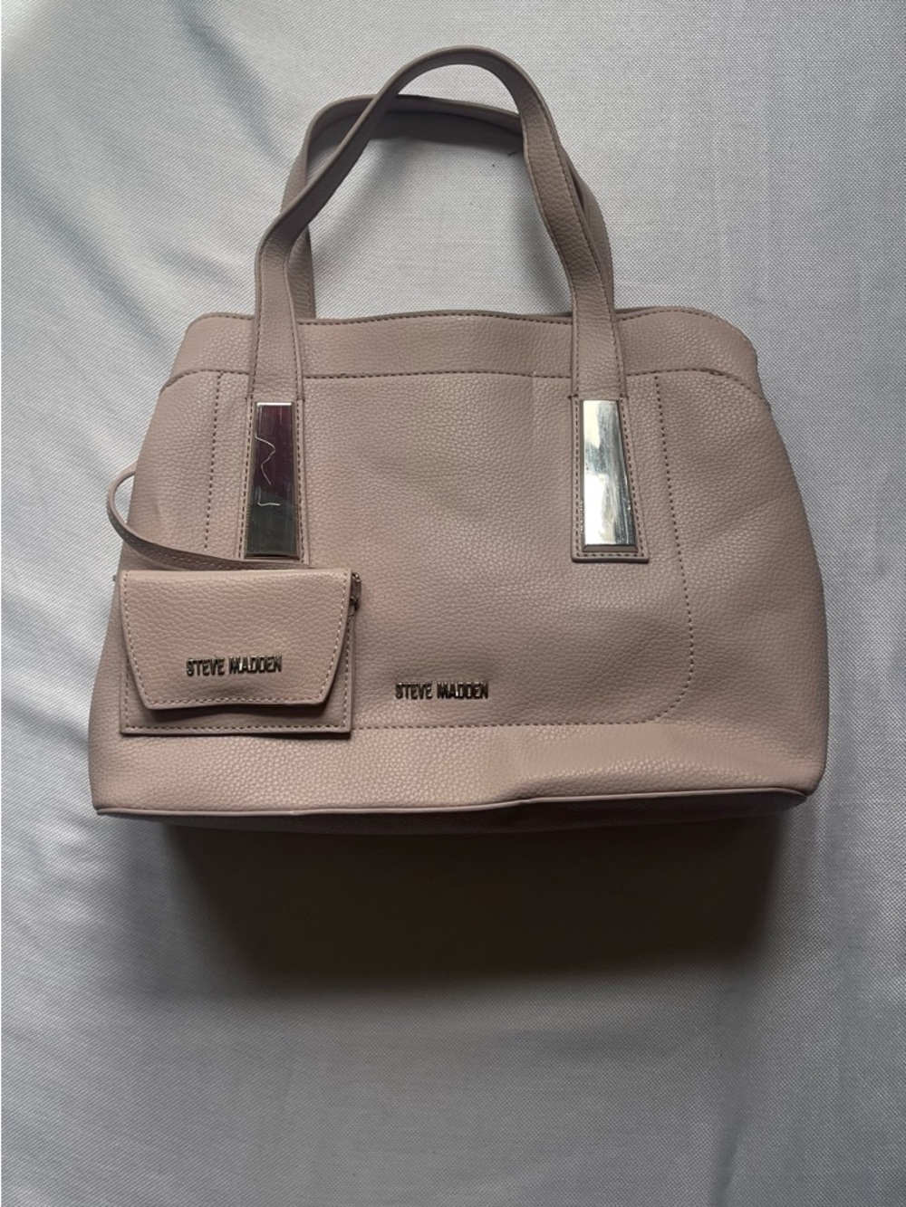 Steve Madden Pink Tote Purse Bag Metal Logo Accent Silver Hardware Card Holder